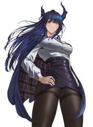 1girl absurdres asymmetrical_horns black_hair black_skirt blue_hair breasts cleavage colored_inner_hair crystal_horns demon_horns dress_suit flower highres hololive hololive_english horn_flower horns jewelry large_breasts leather_skirt long_hair looking_at_viewer mole mole_under_eye multicolored_hair nerissa_ravencroft nerissa_ravencroft_(casual) office_lady official_alternate_costume official_alternate_hair_length official_alternate_hairstyle pantyhose pencil_skirt quilted_jacket red_eyes reendhw shirt skirt soju solo two-tone_hair uneven_horns virtual_youtuber white_shirt