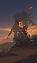 1girl assault_rifle blonde_hair breasts cagalli_yula_athha cargo_pants desert fingerless_gloves gloves gun gundam gundam_seed holding holding_gun holding_weapon ibuki_satsuki mecha medium_breasts mobile_suit pants red_shirt rifle robot shirt short_hair solo sunset weapon yellow_eyes