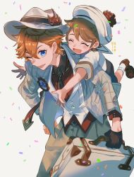 2boys :d ^_^ artist_name black_gloves black_ribbon black_shorts blue_eyes brothers brown_hair brown_shoes buttons child closed_eyes collared_shirt commentary_request confetti crossed_bangs earrings fedora floating_earring freckles genshin_impact gloves grey_hat grey_jacket grey_pants hair_between_eyes happy hat highres holding holding_suitcase hug hug_from_behind jacket jewelry kippeijii lapels leaning_forward long_sleeves looking_at_viewer male_focus multiple_boys necktie one_eye_closed open_clothes open_jacket open_mouth orange_hair pants parted_bangs red_necktie red_shirt ribbon sailor_collar sailor_hat shirt shoes short_hair short_sleeves shorts siblings simple_background single_earring smile socks standing suitcase tartaglia_(genshin_impact) teeth teucer_(genshin_impact) twitter_username vest white_background white_hat white_sailor_collar white_shirt white_socks white_vest wing_collar