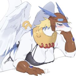 1girl aviator_cap aviator_goggles bikini black_bikini blonde_hair blue_fur blush body_fur breasts brown_gloves cup dragon_girl drinking_glass drunk feathered_wings furry furry_female genderswap genderswap_(mtf) gloves highres hufy jewelry large_breasts legendz neck_ring piercing shiron_(legendz) shot_glass simple_background sitting swimsuit table upper_body white_background white_fur white_wings wing_piercing wings