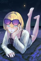 1girl absurdres aqua_eyes barefoot beach beach_towel black_camisole black_nails blonde_hair camisole collarbone commentary commission commissioner_name eyelashes eyeshadow eyewear_on_head fingernails hair_between_eyes hand_on_own_cheek hand_on_own_face highres legs_up looking_at_viewer lui_n24 lying makeup moon night night_sky ocean on_stomach open_clothes open_shirt original parted_lips purple-framed_eyewear purple-tinted_eyewear sand see-through_clothes see-through_shirt shirt short_hair signature sky smile solo sunglasses tinted_eyewear toenails toes towel white_shirt