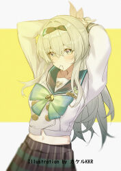1girl artist_name black_hairband black_sailor_collar bow bowtie bright_pupils brown_skirt chinese_commentary commentary_request cowboy_shot firefly_(honkai:_star_rail) firefly_(spring_missive)_(honkai:_star_rail) gradient_hair green_bow green_bowtie green_hair grey_hair hair_ornament hair_tie_in_mouth hairband highres honkai:_star_rail honkai_(series) light_blush long_hair long_sleeves looking_at_viewer midriff mouth_hold multicolored_eyes multicolored_hair name_tag navel official_alternate_costume plaid_clothes plaid_skirt purple_eyes sailor_collar school_uniform shirt skirt solo srpzk two-tone_eyes tying_hair white_pupils white_shirt yellow_eyes