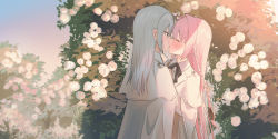 2girls black_bow blue_eyes blue_sky blush bow braid chihuri collared_shirt commentary_request day dress_shirt flower french_kiss grey_hair hair_between_eyes hair_bow highres jacket kiss long_hair multiple_girls original outdoors pink_hair rose shirt sky tongue very_long_hair white_flower white_jacket white_rose white_shirt yuri