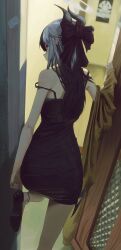 1girl absurdres bare_shoulders black_bow black_dress black_nails black_shoes blue_archive blush bow cardigan demon_girl demon_horns demon_wings dress ear_piercing from_behind hair_bow high_heels highres horns kayoko_(blue_archive) kayoko_(dress)_(blue_archive) looking_at_viewer multicolored_hair official_alternate_costume official_alternate_hairstyle piercing red_eyes rifu002 shoes single_bare_arm single_wing solo two-tone_hair white_hair wings yellow_cardigan