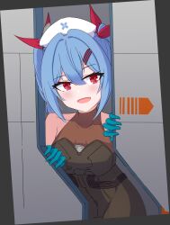 1girl :d absurdres bare_shoulders black_bodysuit blue_gloves blue_hair blush bodysuit braid breasts colphne_(girls&#039;_frontline_2) colphne_(silent_heart)_(girls&#039;_frontline_2) girls&#039;_frontline girls&#039;_frontline_2:_exilium gloves hair_between_eyes hair_ornament hair_ribbon hairclip hands_up happy hat highres indoors leaning_forward looking_at_viewer medium_hair nurse_cap open_mouth opening_door red_eyes red_ribbon ribbon risu_(risu028) small_breasts smile solo twin_braids twintails