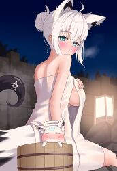 1girl absurdres ahoge alternate_hairstyle animal_ears blue_eyes breasts commentary fox_ears fox_girl fox_tail hair_bun highres hololive kumoru_(kumoru_145) looking_at_viewer medium_breasts naked_towel night night_sky onsen shirakami_fubuki sky solo sukonbu_(shirakami_fubuki) tail towel virtual_youtuber white_hair