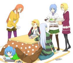 10s 6+girls alice_margatroid alternate_costume bad_id bad_pixiv_id beer_can black_pantyhose blonde_hair blue_hair braid brown_legwear can contemporary cover drink_can female_focus hairband handheld_game_console hong_meiling horns hoshiguma_yuugi kamishirasawa_keine kawashiro_nitori kotatsu kumoi_ichirin legendary_pokemon multiple_girls nintendo nintendo_ds oven_mitts pantyhose plate pokemon pokemon_bw ponytail purple_pantyhose red_hair single_horn table touhou twin_braids twintails two_side_up under_kotatsu under_table video_game_cover video_game_cover_(object) yuzuki_(rinka01)