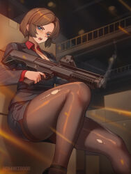 1girl absurdres artist_name blue_eyes breasts brown_hair bullpup chance8000 cleavage commentary commission double-barreled_shotgun english_commentary firing gun highres kel-tec_ksg multiple-barrel_gun office_lady original pantyhose pencil_skirt pump-action_shotgun pump_action shotgun side-by-side-barreled_shotgun skirt smoke smoking_barrel taking_cover thighband_pantyhose torn_clothes torn_pantyhose weapon