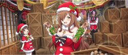 1boy 2girls :o :t bare_shoulders black_bow black_hair black_pants blush bow breasts brooch brown_hair capelet child christmas cleavage crate detached_collar dot_nose dress dutch_angle finger_to_cheek fur_collar game_cg gloves glowing glowing_eyes green_bow hair_over_one_eye hand_up hat hat_ornament highres holding holly_hat_ornament indoors jewelry komekko kono_subarashii_sekai_ni_shukufuku_wo! konosuba!_fantastic_days large_breasts lens_flare long_hair looking_at_viewer multiple_girls necktie official_art open_mouth pants pantyhose pom_pom_(clothes) red_capelet red_dress red_eyes red_gloves red_necktie red_vest santa_costume santa_dress santa_hat shirt short_twintails sparkle star_(symbol) star_brooch star_hat_ornament strapless strapless_dress striped_bow swept_bangs third-party_source twintails vanir vest white_gloves white_pantyhose white_shirt wiz_(konosuba) yellow_eyes