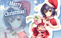 1girl :o =_hair_ornament ambitious_mission bell belt black_hair black_thighhighs blue_background blush bow bowtie box braid breasts brown_eyes capelet christmas cleavage colored_eyelashes company_name cowboy_shot eyelashes eyes_visible_through_hair fur-trimmed_capelet fur-trimmed_gloves fur_trim gift gift_box gloves green_bow green_bowtie hair_between_eyes hair_bow hair_ornament hairclip hands_up hat highres holding holding_gift ishikawa_yae looking_at_viewer medium_hair merry_christmas midriff miniskirt navel neck_bell official_art official_wallpaper open_mouth outline red_bow red_capelet red_gloves red_skirt santa_costume santa_hat side_braid simple_background skirt small_breasts solo star_(symbol) straight_hair striped_bow striped_bowtie striped_clothes tareme thighhighs toranosuke white_belt white_outline zoom_layer