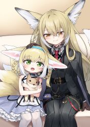 2girls absurdres animal_ears arknights black_jacket black_skirt blonde_hair blue_dress braid braided_hair_rings closed_mouth commission commissioner_upload dress fox_ears fox_girl fox_tail frilled_dress frills green_eyes hair_rings highres holding holding_stuffed_toy infection_monitor_(arknights) jacket kitsune kokone_(coconeeeco) kyuubi looking_at_viewer material_growth mother_and_daughter multiple_girls multiple_tails necktie non-web_source notched_ear open_mouth orange_eyes oripathy_lesion_(arknights) pantyhose red_necktie sitting skirt smile stuffed_animal stuffed_fox stuffed_toy suzuran_(arknights) tail twin_braids vulpisfoglia_(arknights) white_pantyhose