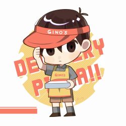 1boy :| adjusting_clothes adjusting_headwear apron black_eyes black_hair black_shoes border box brown_shorts chibi chibi_only closed_mouth collared_shirt dot_nose double-parted_bangs empty_eyes english_text expressionless full_body genk1zam4s grey_shirt grey_socks hair_behind_ear hair_between_eyes hat highres holding holding_box kneehighs looking_at_viewer male_focus official_alternate_costume omori outside_border pizza_box polka_dot polka_dot_background red_hat round_border shirt shoes short_sleeves shorts simple_background socks solo sunny_(omori) visor_cap white_border yellow_apron yellow_background