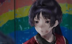 1boy alternate_costume black_eyes black_hair blood blood_on_clothes blood_on_face blood_on_neck blunt_ends blurry blurry_background casual contemporary english_text eyeshadow genshin_impact grey_eyeshadow hair_intakes highres kriniiq looking_past_viewer makeup male_focus multicolored_hair parody purple_hair red_shirt scaramouche_(genshin_impact) scene_reference shirt solo squid_game streaked_hair tearing_up tsurime twitter_username wispy_bangs