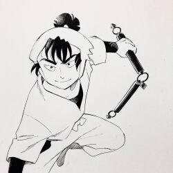 Rule 34 | 1boy, boots, bow, closed mouth, collarbone, foot out of frame, greyscale, hair between eyes, hair through headwear, happy, headscarf, highres, holding, holding nunchaku, holding weapon, japanese clothes, kema tomesaburou, kimono, layered sleeves, leg up, long sleeves, monochrome, nib pen (medium), ninja, no+bi=, nunchaku, pants, pen (medium), photo (medium), ponytail, rakudai ninja rantarou, shirt, short hair, short over long sleeves, short ponytail, short sleeves, smile, solo, thick eyebrows, traditional media, v-shaped eyebrows, waist bow, weapon