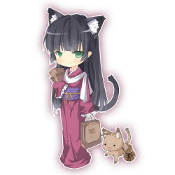 1girl animal_ears bag black_hair cat cat_ears cat_tail chibi eiyuu_densetsu falcom female_focus full_body green_eyes japanese_clothes kimono kirika_rouran long_hair no_nose saru smile solo sora_no_kiseki tail white_background