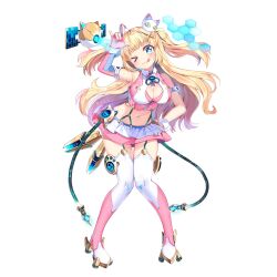 1girl ;q animal_ears aqua_eyes armband artist_request bare_shoulders blonde_hair blush boots breasts cat_ears cat_hair_ornament cleavage collar detached_sleeves final_gear full_body garter_straps gloves grey_armband hair_ornament hand_on_own_hip hexagon highres leaning_forward long_hair m/ mechanical_ears midriff miniskirt multicolored_boots navel neck_ribbon official_art one_eye_closed pink_gloves pink_skirt ribbon shyaditty_(final_gear) sidelocks simple_background single_detached_sleeve single_sleeve skirt slit_pupils solo star_(symbol) star_hair_ornament star_in_eye suspender_skirt suspenders symbol_in_eye tachi-e thigh_boots third-party_source tongue tongue_out transparent_background twintails two-tone_boots two-tone_sleeves two_side_up very_long_hair white_collar white_wrist_cuffs wrist_cuffs