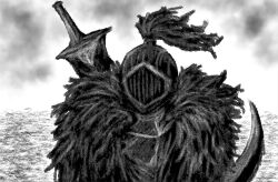 1boy armor black_sky black_souls black_souls_2 cape coat fur_coat grimm_(black_souls) looking_at_viewer male_focus sadleyn simple_background sky solo sword sword_on_back weapon weapon_on_back white_background