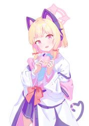 1girl :3 :d absurdres animal_ear_headphones animal_ears aqua_necktie black_skirt black_tail blonde_hair blue_archive bow box buttons cat_ear_headphones cat_ears cat_tail chinese_commentary collared_shirt commentary_request cowboy_shot dot_nose fake_animal_ears fake_tail frilled_skirt frills gift gift_box hair_bow halo hands_up head_tilt headphones heart heart-shaped_box heart_tail highres holding holding_box holding_gift hood hooded_jacket jacket jacket_partially_removed kaihuafugui layered_sleeves light_blush long_sleeves looking_at_viewer low-tied_sidelocks medium_hair momoi_(blue_archive) multicolored_jacket multiple_hair_bows necktie open_clothes open_jacket open_mouth pink_halo pink_jacket pink_trim red_bow red_eyes school_uniform shirt sidelocks simple_background skirt smile solo suspenders suspenders_slip tail v-shaped_eyebrows valentine white_background white_jacket white_shirt wide_sleeves