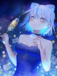 Rule 34 | 1girl, animal ears, blue choker, blue dress, blue eyes, blue hair, blue theme, blurry, bokeh, breasts, choker, colored inner hair, commentary request, cup, depth of field, dress, drink, earrings, glass, glowing, grey hair, hair between eyes, highres, holding, holding cup, iriam, jewelry, lips, medium hair, miria (iriam), multicolored hair, onigashirayuta, shirasu (iriam), solo, star (symbol), star choker, star earrings, streaked hair