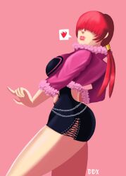 1girl ass breasts clothing_cutout curvy dinkodx dress female_focus fishnets fluffy heart huge_ass huge_breasts jacket large_breasts long_hair pale_skin ponytail red_hair shermie_(kof) skirt smile standing the_king_of_fighters thick_lips thick_thighs thighs twintails wide_hips