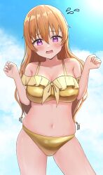 1girl absurdres bare_shoulders bikini blue_sky blush breasts brown_hair cleavage cloud collarbone commentary_request day embarrassed flying_sweatdrops frilled_bikini frills gold_bikini hair_between_eyes highres konoe_kanata large_breasts looking_at_self love_live! love_live!_nijigasaki_high_school_idol_club motion_lines muffin_top navel panaham plump purple_eyes sky solo stomach swimsuit