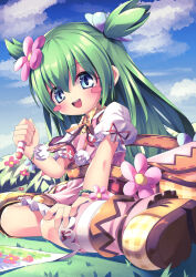1girl bag blue_eyes blue_sky boots drawing_(action) dress emil_chronicle_online flower frilled_dress frilled_skirt frills green_hair hair_flower hair_ornament highres meadow open_mouth shabotan_alma sitting skirt sky smile two_side_up yupi828