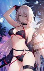 Rule 34 | 1girl, ahoge, arm behind back, arm up, armpits, backlighting, bare arms, bare shoulders, belt, bikini, black bikini, black gloves, blue sky, blurry, breasts, brown eyes, cleavage, cloud, collarbone, commentary request, cowboy shot, depth of field, fate/grand order, fate (series), female focus, gloves, hair between eyes, halterneck, hand on own head, highres, jeanne d&#039;arc (fate), jeanne d&#039;arc alter (fate), jeanne d&#039;arc alter (swimsuit berserker) (fate), large breasts, leg belt, long hair, long sleeves, looking at viewer, navel, necomi, o-ring, o-ring belt, o-ring bikini, off shoulder, one eye closed, outdoors, palm tree, parted lips, sheath, sheathed, shrug (clothing), signature, silver hair, sky, smile, solo, sparkle, standing, stomach, string bikini, sunset, swimsuit, thigh strap, thighs, tree, very long hair, water drop, weapon, weapon on back, wet, wet hair