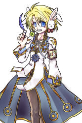1girl black_pants blonde_hair blue_coat blue_eyes blush breasts clover coat commentary_request cowboy_shot cross cross_necklace cross_of_prontera crossdressing feathers four-leaf_clover gold_trim grin high_priest_(ragnarok_online) highres holding holding_feather jewelry long_sleeves looking_at_viewer multicolored_coat necklace pants rabbit_earmuffs ragnarok_online reverse_trap short_hair simple_background small_breasts smile solo two-tone_coat white_background white_coat yukimushi