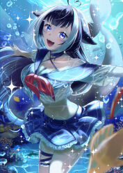 1girl absurdres blue_skirt breasts cleavage collarbone cowboy_shot cropped_shirt fangs fish gami_(gami37260414) highres indie_virtual_youtuber large_breasts midriff navel ocean open_mouth purple_eyes shirt shylily skirt smile solo underwater virtual_youtuber white_shirt