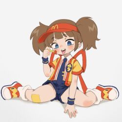 Rule 34 | bandaid, bandaid on knee, bandaid on leg, bare legs, blue eyes, blue necktie, blue shorts, collared shirt, imadake dabuchi tabemi, employee uniform, fast food uniform, food, french fries, full body, holding, holding food, looking at viewer, mcdonald&#039;s, necktie, open mouth, qtkat, red footwear, shirt, shirt tucked in, short hair, short shorts, short sleeves, short twintails, shorts, simple background, sitting, smile, spread legs, straight-on, striped clothes, striped shirt, teeth, thighs, tie clip, tongue, tongue out, twintails, upper teeth only, upshorts, vertical-striped clothes, vertical-striped shirt, visor cap, wariza, white background, wristband