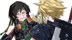 1boy 1girl absurdres armor black_gloves black_hair blonde_hair blush buster_sword closed_eyes cloud_strife commentary english_commentary final_fantasy final_fantasy_vii final_fantasy_vii_rebirth final_fantasy_vii_remake fingerless_gloves gauntlets gloves hands_on_another&#039;s_face heartbreak_juan highres orange_gloves pauldrons shoulder_armor simple_background single_pauldron spiked_hair stretching_cheeks sword weapon white_background yuffie_kisaragi