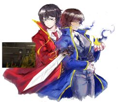 1boy 1girl black_eyes black_hair black_necktie blue_coat blue_vest brown_hair coat collared_shirt e.g.o_(project_moon) highres holding holding_sword holding_weapon limbus_company liu_association_south_uniform lobotomy_corporation_(identity)_(project_moon) long_sleeves looking_at_viewer magic_bullet_(e.g.o) necktie outis_(project_moon) project_moon red_coat red_necktie shirt short_hair simple_background smoking_pipe sword upper_body vest weapon white_shirt yellow_eyes yi_sang_(project_moon) yinghui031230