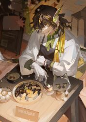 1boy absurdres apron arknights black_apron blonde_hair brown_background brown_hair chinese_commentary choshanland_plushy_(arknights) coat commentary_request dragon_boy fins fish_tail food furry furry_male gloves grin highres indoors lee_(arknights) lee_(remedy_in_a_cup_of_leung_cha)_(arknights) long_hair long_sleeves looking_at_viewer male_focus multicolored_hair official_alternate_costume pointy_ears sitting slit_pupils smile solo somnolence_(hranxy) streaked_hair table tail translation_request white_coat yellow_eyes