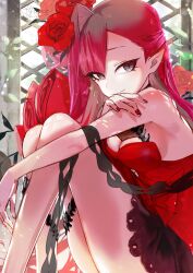 1girl absurdres aquact baobhan_sith_(fate) baobhan_sith_(fgo_fes._2025)_(fate) breasts dress fang fate/grand_order fate_(series) flower grey_eyes hair_flower hair_ornament highres knees_up long_hair looking_at_viewer pink_hair pointy_ears red_dress red_flower red_nails side_ponytail simple_background skin_fang smile solo