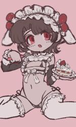1girl bikini black_bikini black_hair breasts cake eating food food_on_face fork gestart333 highres holding holding_plate lingerie maid maid_headdress navel original pink_background plate red_eyes short_hair small_breasts strawberry_shortcake swimsuit underwear