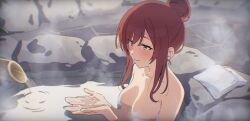 1girl bamboo_shoot bathing blush closed_mouth convenient_censoring hair_bun highres idolmaster idolmaster_shiny_colors mikazuchi_zeus nude onsen orange_eyes osaki_amana partially_submerged red_hair single_hair_bun solo steam steam_censor towel upper_body