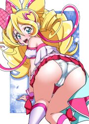 1girl all_fours asortofcolorfag ass blue_eyes blush calves cameltoe colorized cure_idol dress drill_hair ear_piercing from_behind full-face_blush hair_between_eyes hair_ribbon highres kimi_to_idol_precure long_hair looking_at_viewer looking_back miyagoe_yoshitsuki open_mouth panties partially_visible_vulva piercing pink_ribbon precure red_skirt ribbon skirt smile solo teeth underwear upper_teeth_only very_long_hair white_dress