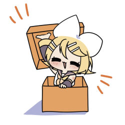 Rule 34 | 1girl, :3, arm up, blonde hair, blush, bow, box, closed eyes, commentary request, detached sleeves, eshe mr, hair bow, hair ornament, hairclip, in box, in container, kagamine rin, long sleeves, neckerchief, open mouth, sailor collar, short hair, smile, solo, vocaloid