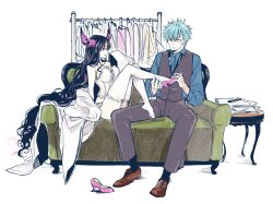 1boy 1girl absurdly_long_hair blue_hair bow bowtie breasts collared_shirt corset couch eyewear_strap fate/grand_order fate_(series) garter_straps glasses hans_christian_andersen_(adult)_(fate) hans_christian_andersen_(fate) high_heels large_breasts limb_sticking_out loafers long_hair loose_bowtie nobicco on_couch pants paper_stack pink_shoes removing_shoes sessyoin_kiara sessyoin_kiara_(swimsuit_mooncancer)_(third_ascension) shirt shoes short_hair striped_clothes striped_shirt thighhighs trying_on_clothes very_long_hair vest waistcoat white_corset white_garter_straps white_thighhighs