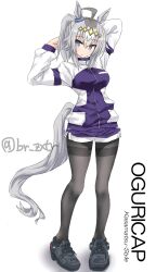 1girl ahoge animal_ears arm_behind_head black_pantyhose black_shoes blue_eyes blue_shorts character_name closed_mouth commentary ear_ornament english_text full_body grey_hair gym_shorts hair_ornament hand_in_own_hair highres horse_ears horse_girl horse_tail kasamatsu_tracen_training_uniform light_frown long_sleeves looking_at_viewer medium_hair oguri_cap_(umamusume) pantyhose pantyhose_under_shorts ponytail shoes short_shorts shorts sneakers solo standing tail thighband_pantyhose twitter_username umamusume umamusume:_cinderella_gray zakuta