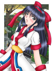 1girl absurdres ainu_clothes black_hair blush breasts forest grey_eyes hair_ribbon highres legs long_hair looking_at_viewer medium_breasts nakoruru nature open_mouth pants ribbon samurai_spirits snk solo the_king_of_fighters thighs tongue weapon