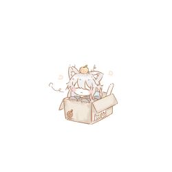1girl :&lt; animal_ear_fluff animal_ears arknights blush box cardboard_box cat_ears cat_girl cat_tail closed_eyes closed_mouth commentary food food_on_head fruit fruit_on_head in_box in_container object_on_head rosmontis_(arknights) simple_background solo tail white_background yatagae_(yatuno_llc)