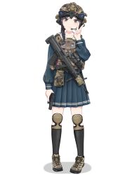 1girl absurdres assault_rifle black_shirt black_skirt black_socks braid brown_shoes bullpup chinese_commentary combat_helmet commentary_request fast_helmet full_body gun handgun helmet highres holding holding_gun holding_weapon knee_pads kneehighs load_bearing_vest long_sleeves night_vision_device original qbz-95 rifle sailor_collar school_uniform serafuku shirt shoes simple_background single_braid skirt socks solo standing tactical_clothes tactical_school_uniform user_uejr5243 v weapon white_background white_sailor_collar