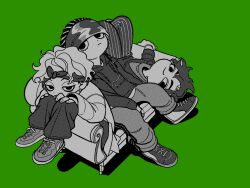 3boys abinofa bandana bandana_around_neck ben-day_dots between_legs bracelet chain chain_necklace commentary cornrows couch curtained_hair deformed douan_kazusato earrings eyelashes fingernails from_above full_body grey_background greyscale_with_colored_background hand_between_legs hands_on_own_knees highres hoop_earrings hypnosis_mic hypnosis_mic:_rule_the_stage jacket jacket_over_hoodie jewelry jitome knees_up kokuri_ryouzan legs_up looking_at_viewer looking_to_the_side lying male_focus medium_hair multiple_boys multiple_necklaces necklace north_bastard on_back on_couch pants parted_hair saragi_kenei screentones shoes short_hair simple_background sitting sleeves_pushed_up sneakers spread_legs striped_clothes striped_pants symbol-only_commentary thick_eyebrows track_pants wavy_hair