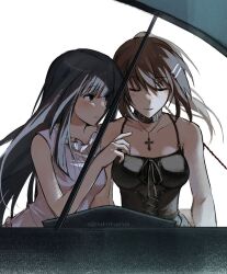 2girls belt_collar black_dress black_eyes black_hair brown_hair closed_mouth collar collarbone cross cross_necklace dress facing_viewer floating_hair frills hair_between_eyes hair_ornament hairclip high_ponytail highres instrument jewelry light_blush long_hair looking_at_another minakami_yuki multiple_girls music necklace parallel_hairclips parted_lips piano playing_instrument playing_piano ponytail simple_background sitting sleeveless sleeveless_dress smile straight_hair subarashiki_hibi takashima_zakuro tassel tassel_hair_ornament twitter_username white_background white_dress yan_(ubituna)