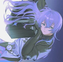 1boy aqua_eyes belt black_gloves black_shirt blue_hair briefcase collared_shirt elbow_gloves gloves hair_between_eyes hair_flowing_over hoshirube_sho hoshirube_sho_(1st_costume) jewelry long_hair looking_at_viewer male_focus multicolored_hair necklace nijisanji nokoru_sora parted_lips purple_hair shirt sideways skirt solo two-tone_hair virtual_youtuber