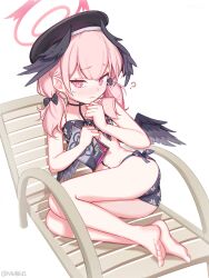 1girl ? absurdres ass bare_legs barefoot beach_chair beret bikini black_bikini black_bow black_hat black_wings blue_archive blush book bow breasts chair closed_mouth crying crying_with_eyes_open dot_nose feathered_wings feet floral_bikini floral_print hair_between_eyes hair_bow halo hands_up hat head_wings highres holding holding_magazine koharu_(blue_archive) koharu_(swimsuit)_(blue_archive) loli low_twintails low_wings magazine_(object) medium_hair navel official_alternate_costume pink_eyes pink_hair pink_halo print_bikini simple_background sitting_sideways small_breasts solo sweat swimsuit tears thighs toes twintails vrabius white_background winged_halo wings