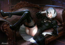 Rule 34 | 1girl, 2b (nier:automata), absurdres, ass, audia pahlevi, black boots, black dress, black gloves, black hairband, black thighhighs, blindfold, boots, couch, dress, feather-trimmed sleeves, female focus, gloves, hairband, high heel boots, high heels, highres, huge filesize, lying, nier:automata, nier (series), on back, panties, pantyshot, puffy sleeves, short hair, silver hair, solo, thigh boots, thighhighs, underwear