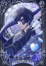 1boy absurdres apple apple_slice between_fingers black_border black_gloves black_hair black_shirt blue_apple border chinese_commentary closed_mouth curtained_hair domino_mask earrings english_text flower flower_earrings food frilled_shirt_collar frills fruit gem glint gloves grey_jacket half_mask hand_up highres holding holding_knife iris_(flower) jacket jewelry knife knives_between_fingers light_and_night_love long_sleeves looking_ahead male_focus mask moon_phases ornate_border outside_border purple_flower shirt short_hair single_earring single_sleeve smile snow234 solo throwing_knife weapon xiao_yi_(light_and_night_love)