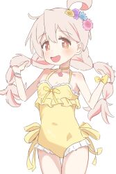 1girl :d ahoge bare_arms bare_shoulders blush bow breasts brown_eyes choker commentary cowboy_shot dot_nose flower flower_choker frilled_one-piece_swimsuit frills grey_hair hair_between_eyes hair_flower hair_ornament highres holding holding_own_hair long_hair multi-tied_hair multicolored_hair one-piece_swimsuit onii-chan_wa_oshimai! open_mouth oyama_mahiro pink_hair riannn_desu simple_background small_breasts smile solo swimsuit thigh_gap two-tone_hair white_background wrist_bow yellow_bow yellow_choker yellow_one-piece_swimsuit